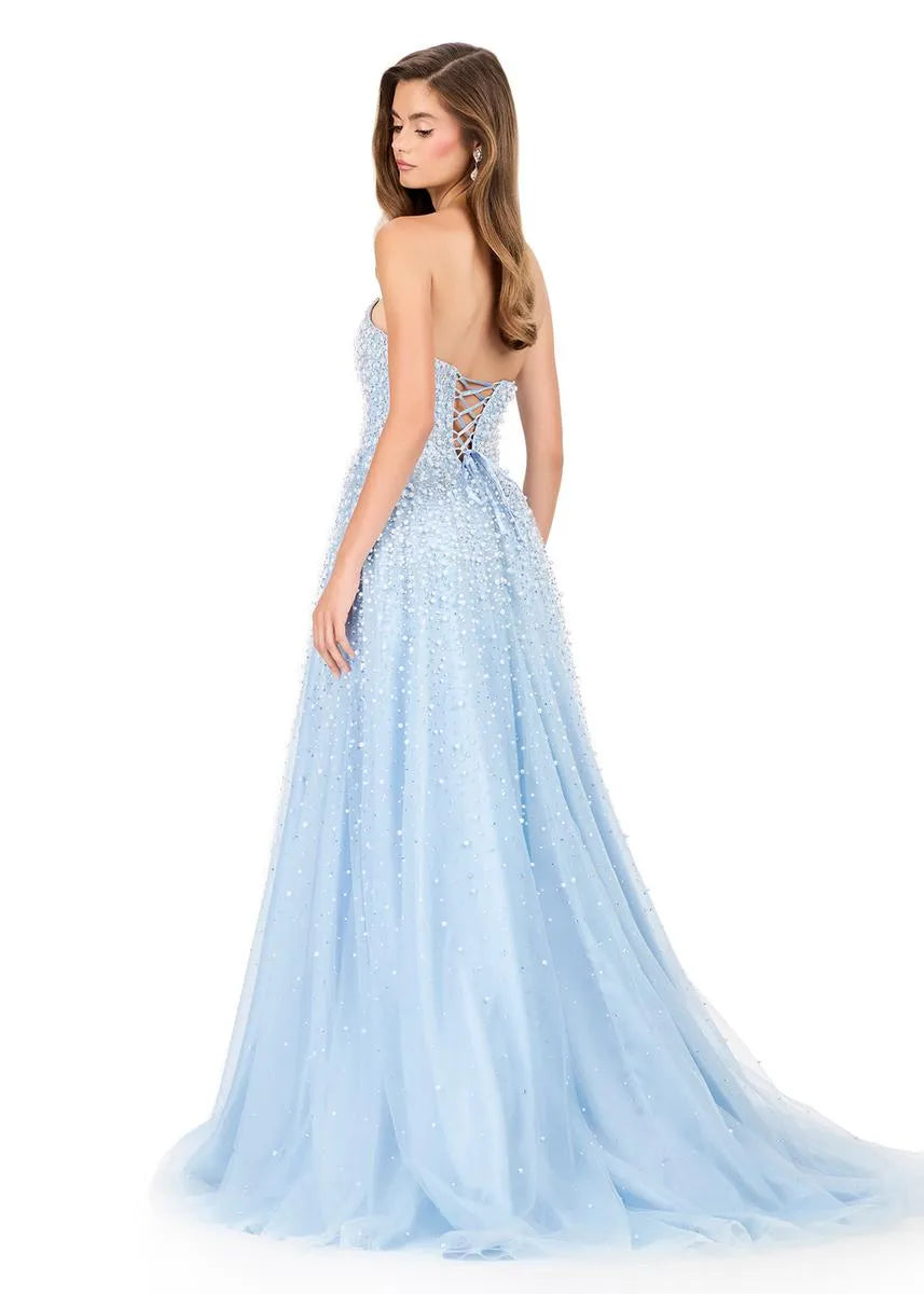 Vestido de Fiesta Largo con Corsé Fruncido, Escote Corazón, Tirantes, Tul, Línea A y Cuentas Brillantes