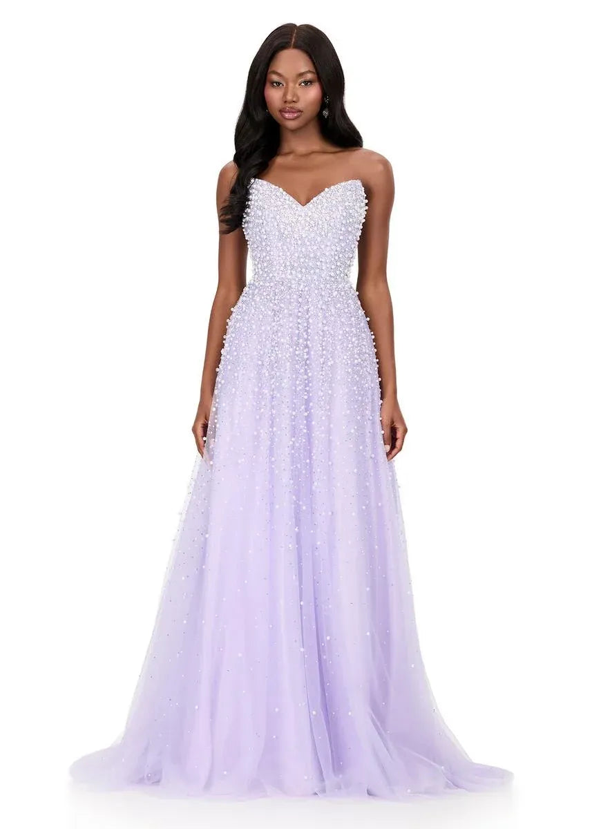 Vestido de Fiesta Largo con Corsé Fruncido, Escote Corazón, Tirantes, Tul, Línea A y Cuentas Brillantes