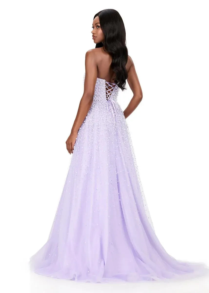Vestido de Fiesta Largo con Corsé Fruncido, Escote Corazón, Tirantes, Tul, Línea A y Cuentas Brillantes