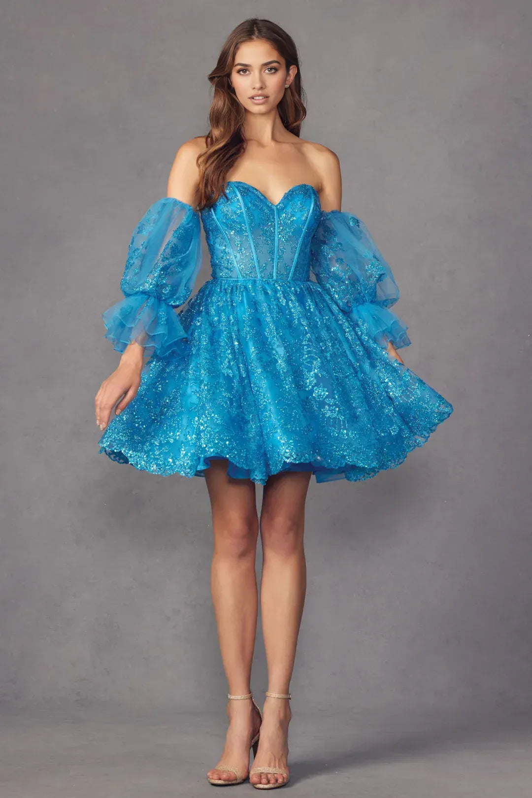 Sparkling A-Line Sweetheart Puff-Sleeve Tulle Short Corset Homecoming Dress