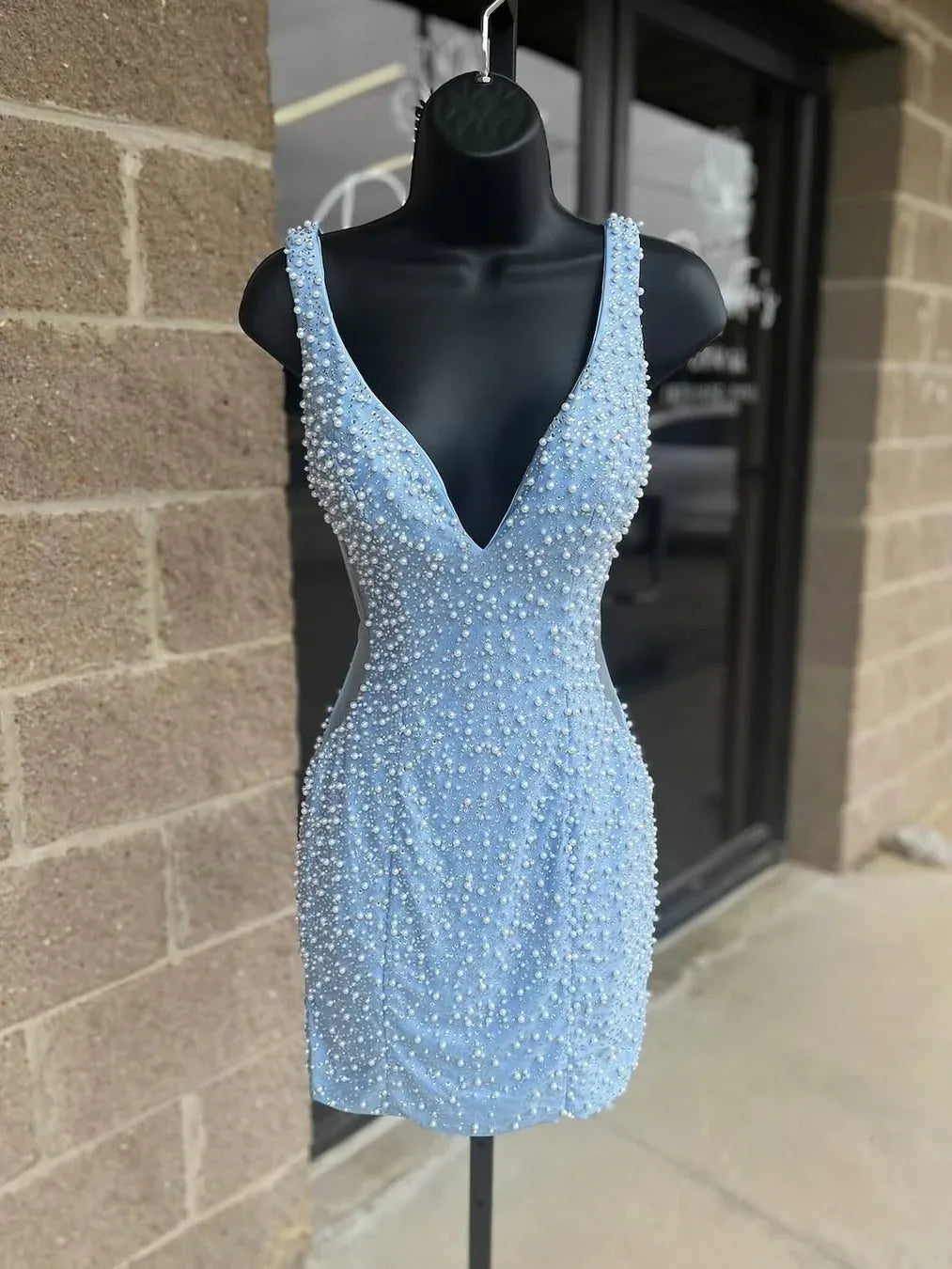 Sparkling Deep V Sleeveless Beaded Bodycon Short Homecoming Dress
