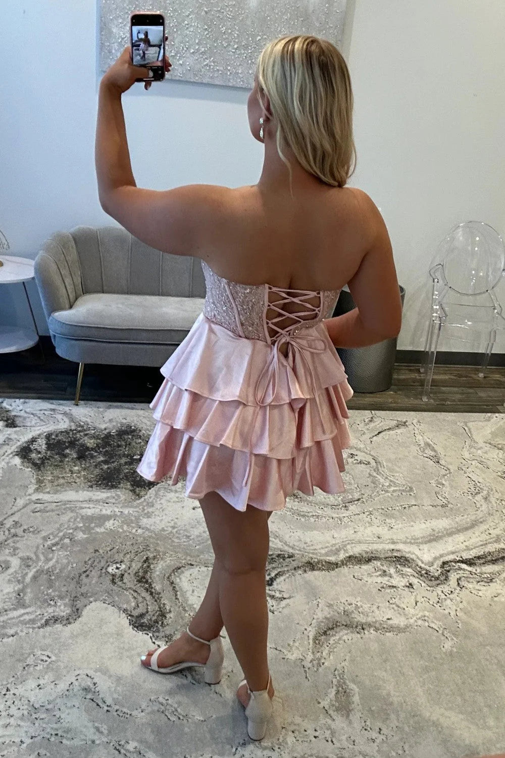 Sparkling Corset Strapless Tiered Satin Homecoming Dress