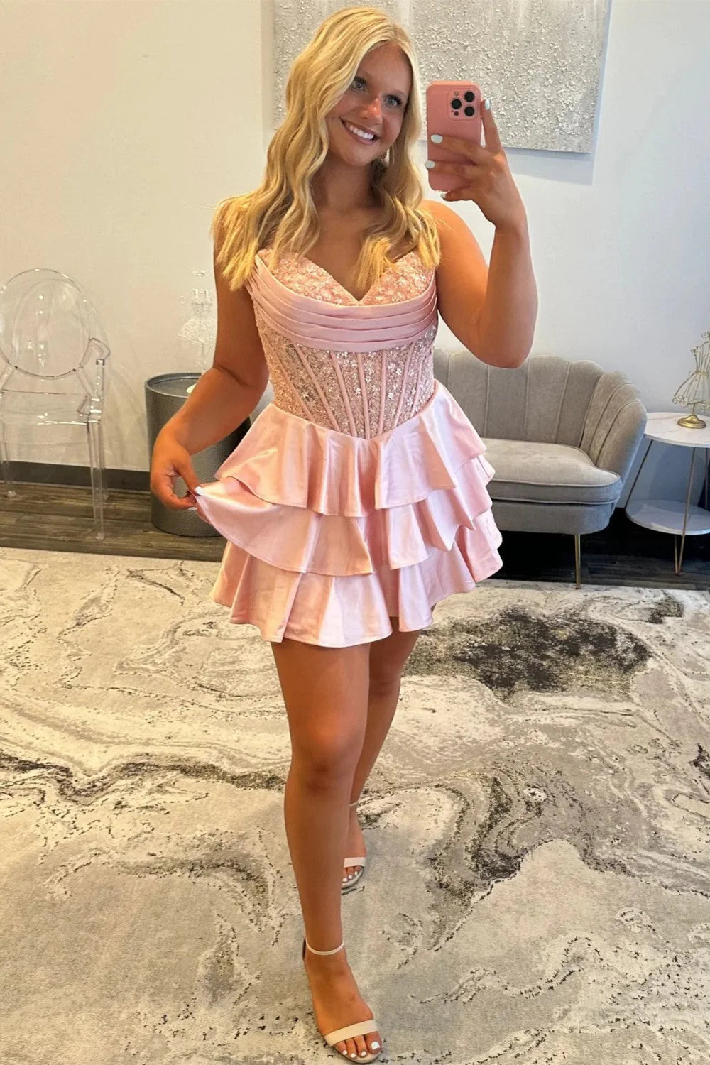 Sparkling Corset Strapless Tiered Satin Homecoming Dress