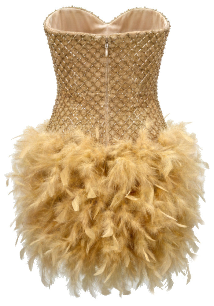 Sparkling Corset Sweetheart Sleeveless Beaded Mini Feather-Trim Party Cocktail Dress