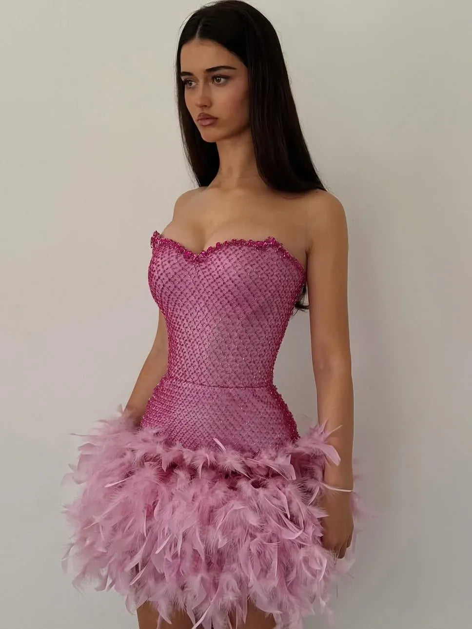 Sparkling Corset Sweetheart Sleeveless Beaded Mini Feather-Trim Party Cocktail Dress