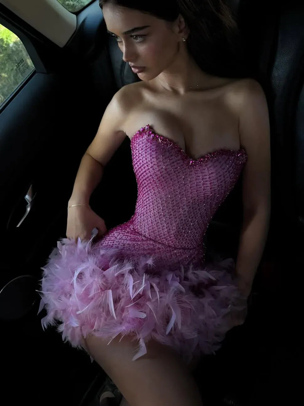 Sparkling Corset Sweetheart Sleeveless Beaded Mini Feather-Trim Party Cocktail Dress