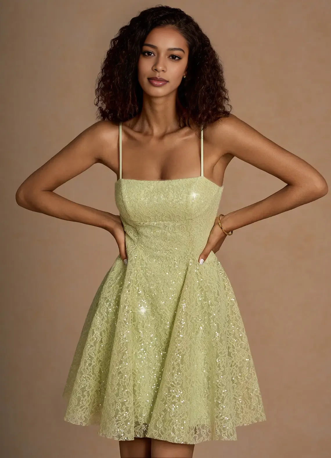 Sparkling Lace A-line Spaghetti Strap Homecoming Dress Lace-Up Back Mini Party Dress