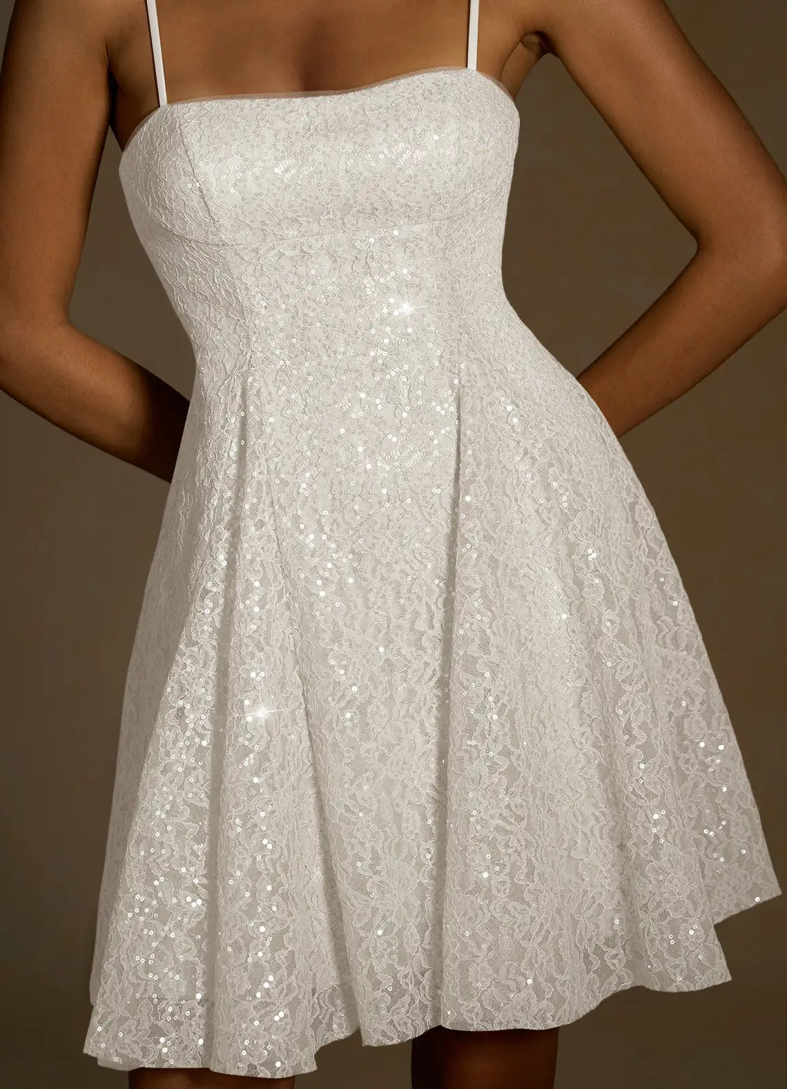 Sparkling Lace A-line Spaghetti Strap Homecoming Dress Lace-Up Back Mini Party Dress