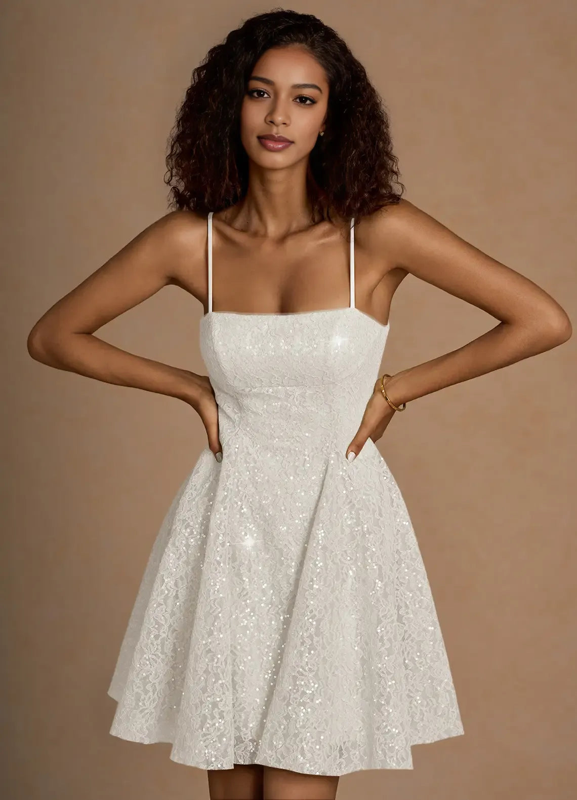Sparkling Lace A-line Spaghetti Strap Homecoming Dress Lace-Up Back Mini Party Dress