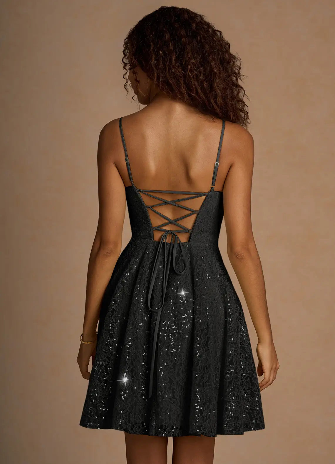 Sparkling Lace A-line Spaghetti Strap Homecoming Dress Lace-Up Back Mini Party Dress