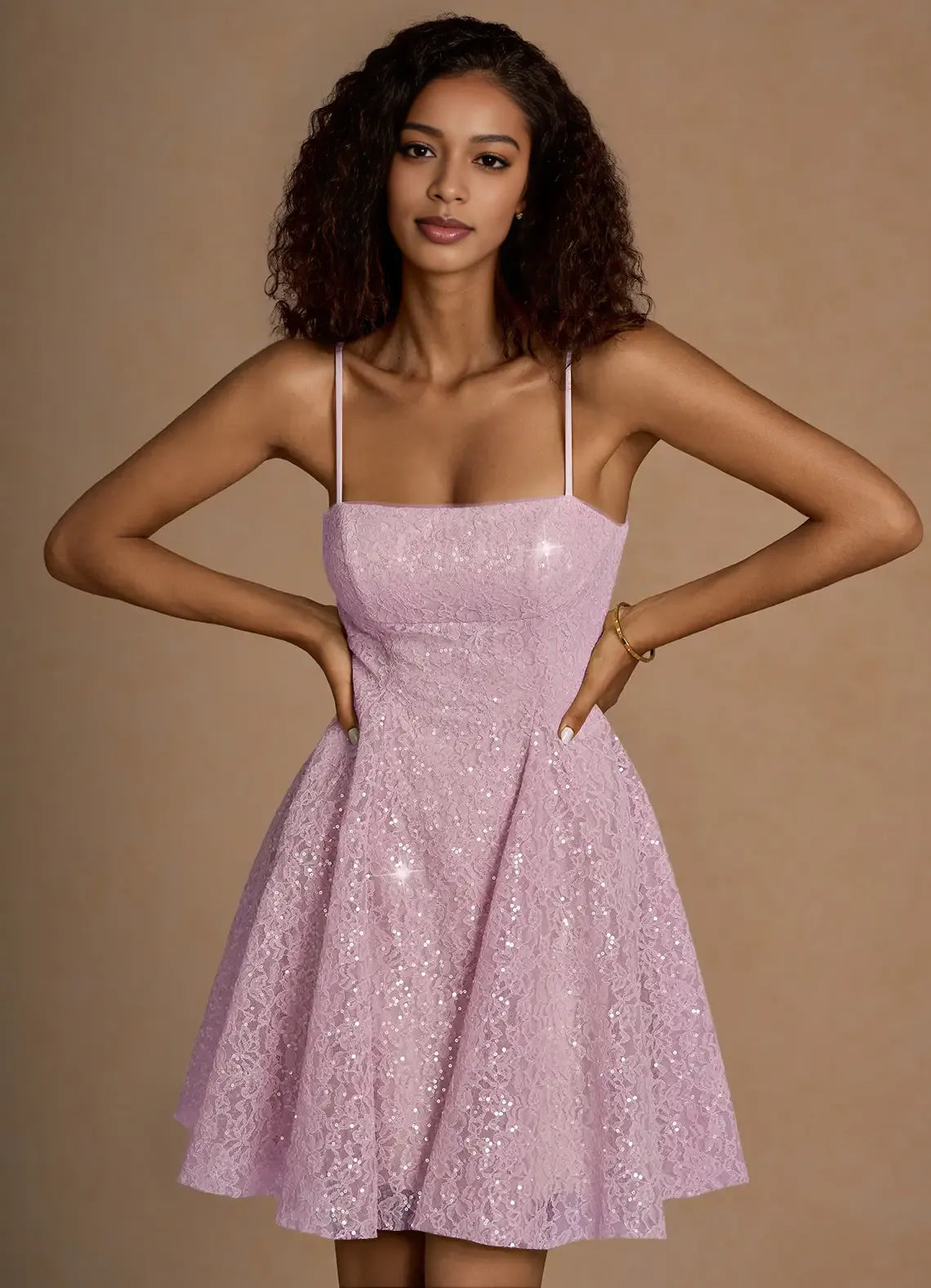 Sparkling Lace A-line Spaghetti Strap Homecoming Dress Lace-Up Back Mini Party Dress