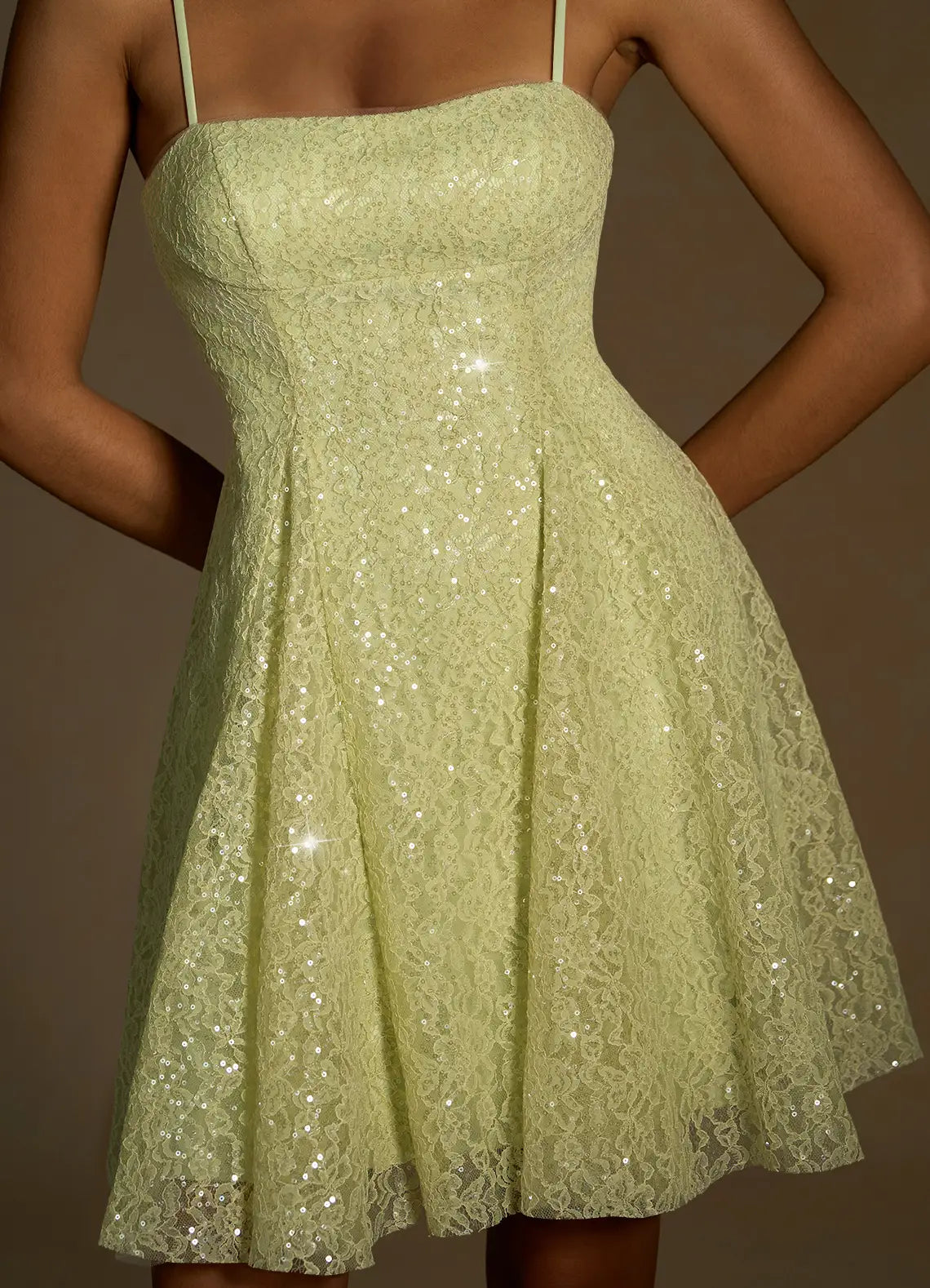 Sparkling Lace A-line Spaghetti Strap Homecoming Dress Lace-Up Back Mini Party Dress