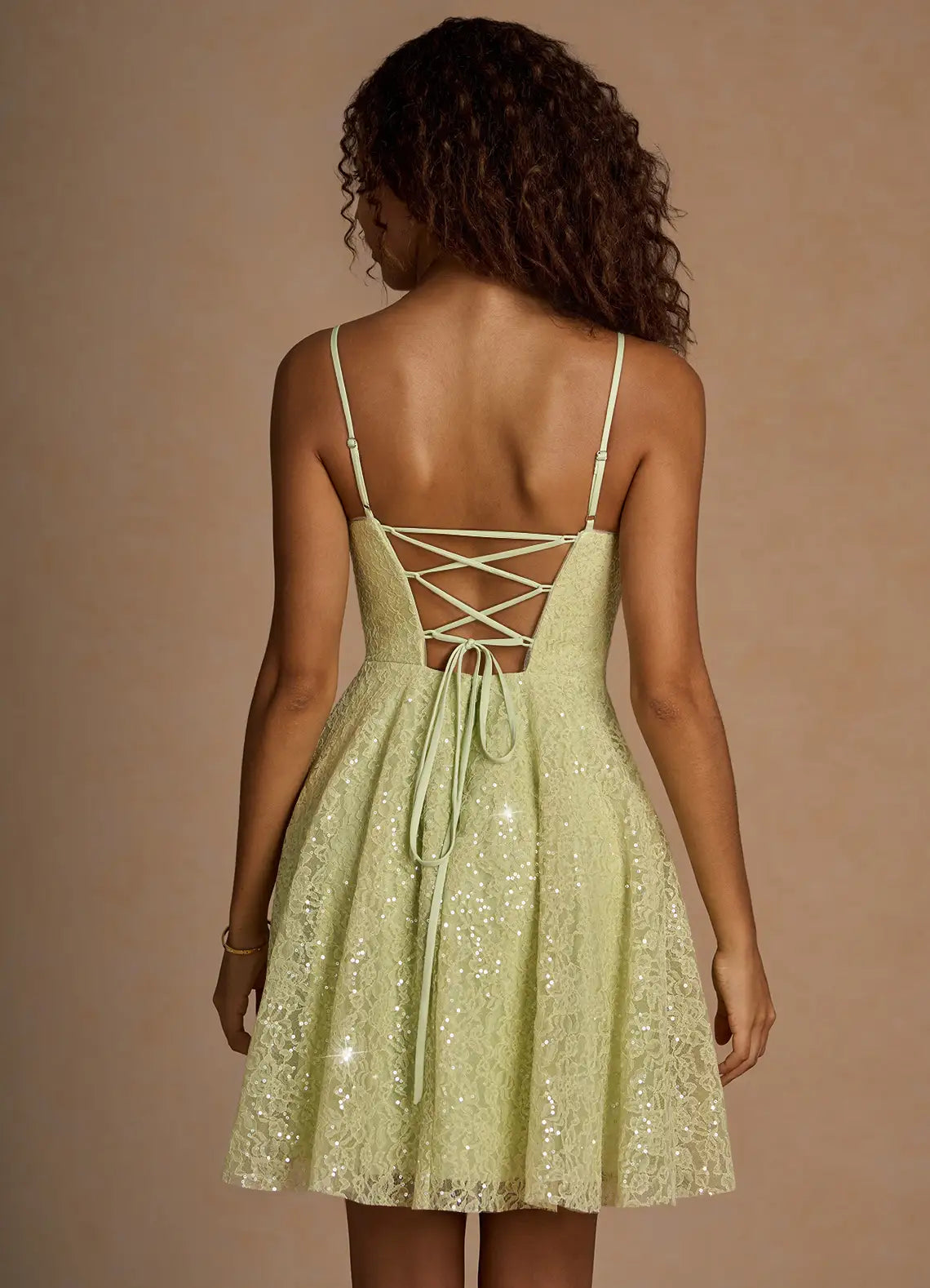 Sparkling Lace A-line Spaghetti Strap Homecoming Dress Lace-Up Back Mini Party Dress