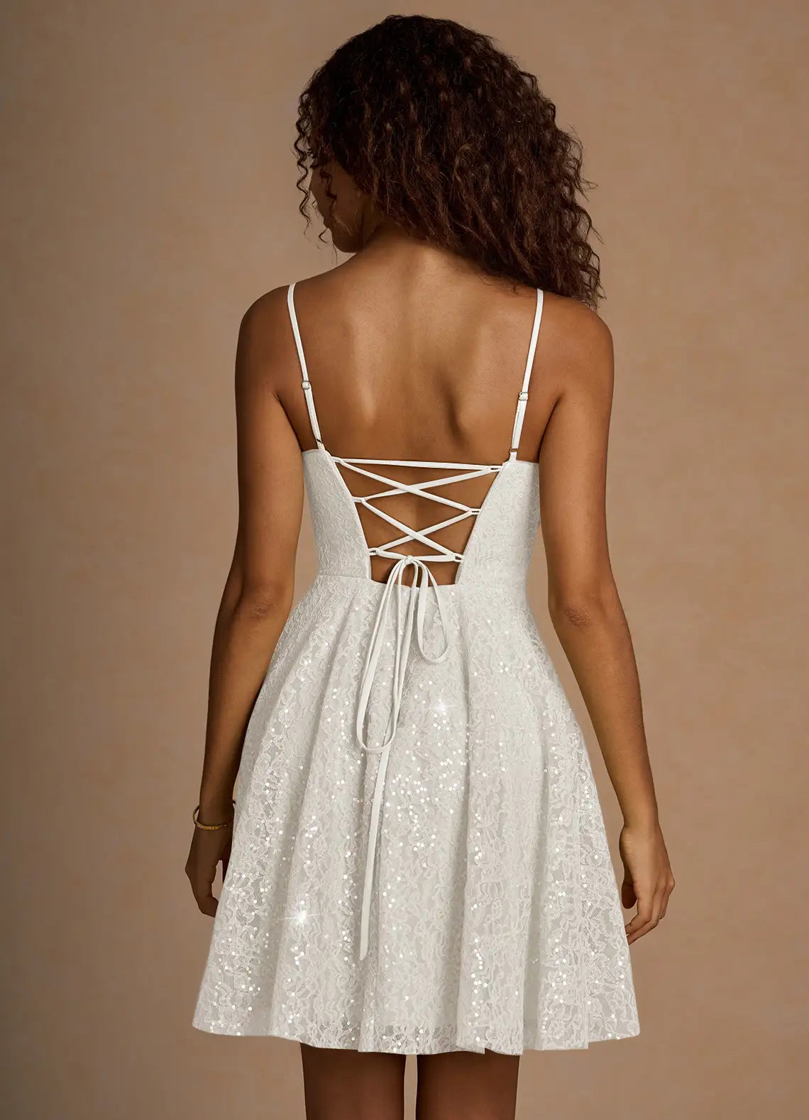 Sparkling Lace A-line Spaghetti Strap Homecoming Dress Lace-Up Back Mini Party Dress