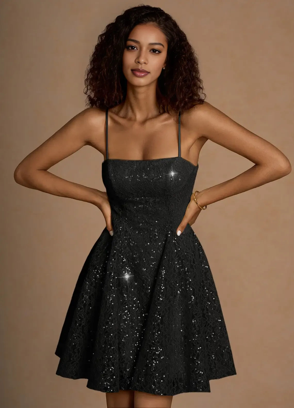 Sparkling Lace A-line Spaghetti Strap Homecoming Dress Lace-Up Back Mini Party Dress