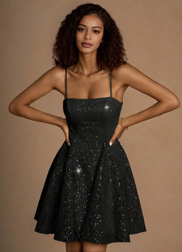 Sparkling Lace A-line Spaghetti Strap Homecoming Dress Lace-Up Back Mini Party Dress