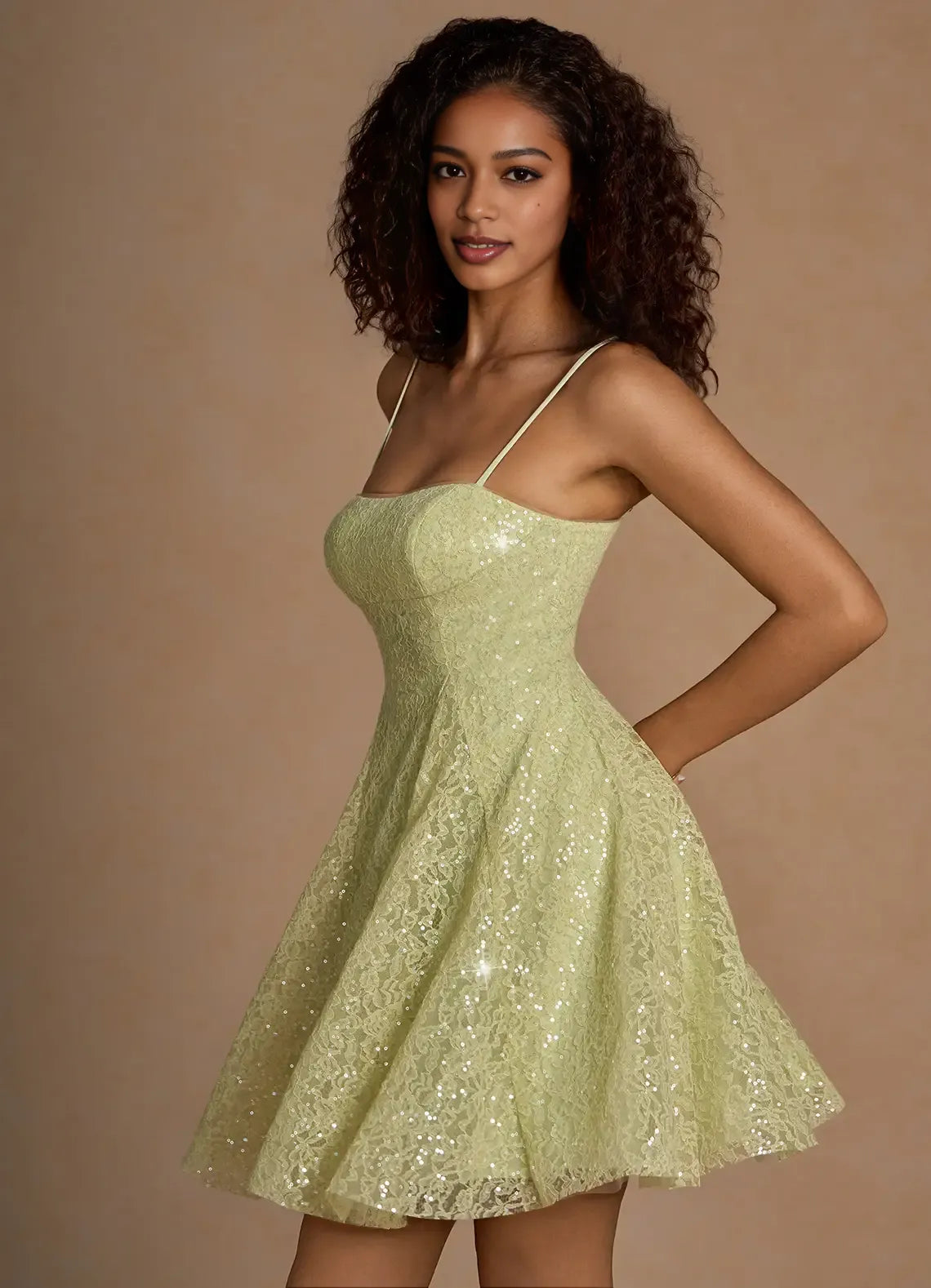 Sparkling Lace A-line Spaghetti Strap Homecoming Dress Lace-Up Back Mini Party Dress