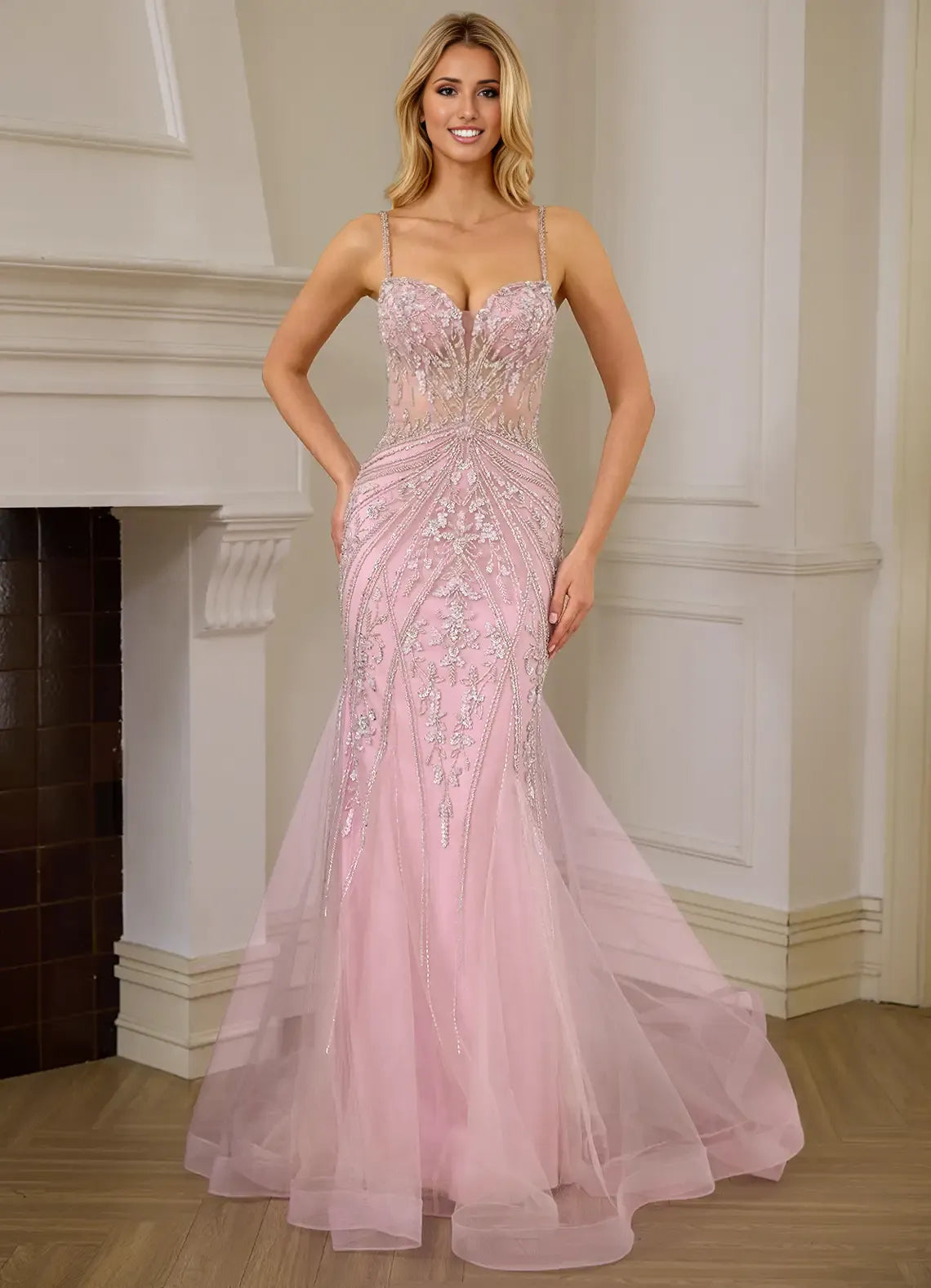 Vestido de fiesta largo de tul con pedrería y abertura, escote corazón, estilo sirena brillante