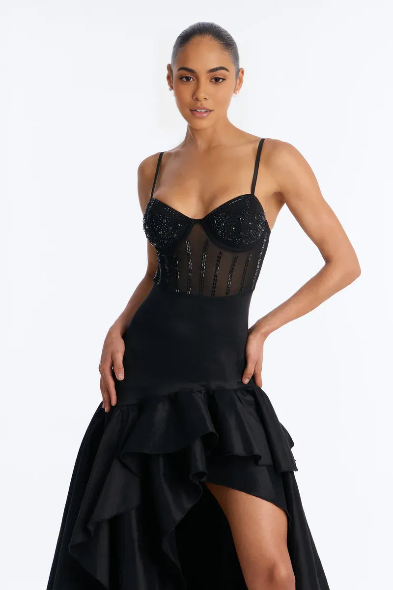 Vestido de Noche de Fiesta de Satén con Abertura Alta y Volantes Largos de Sirena Brillante con Escote Corazón