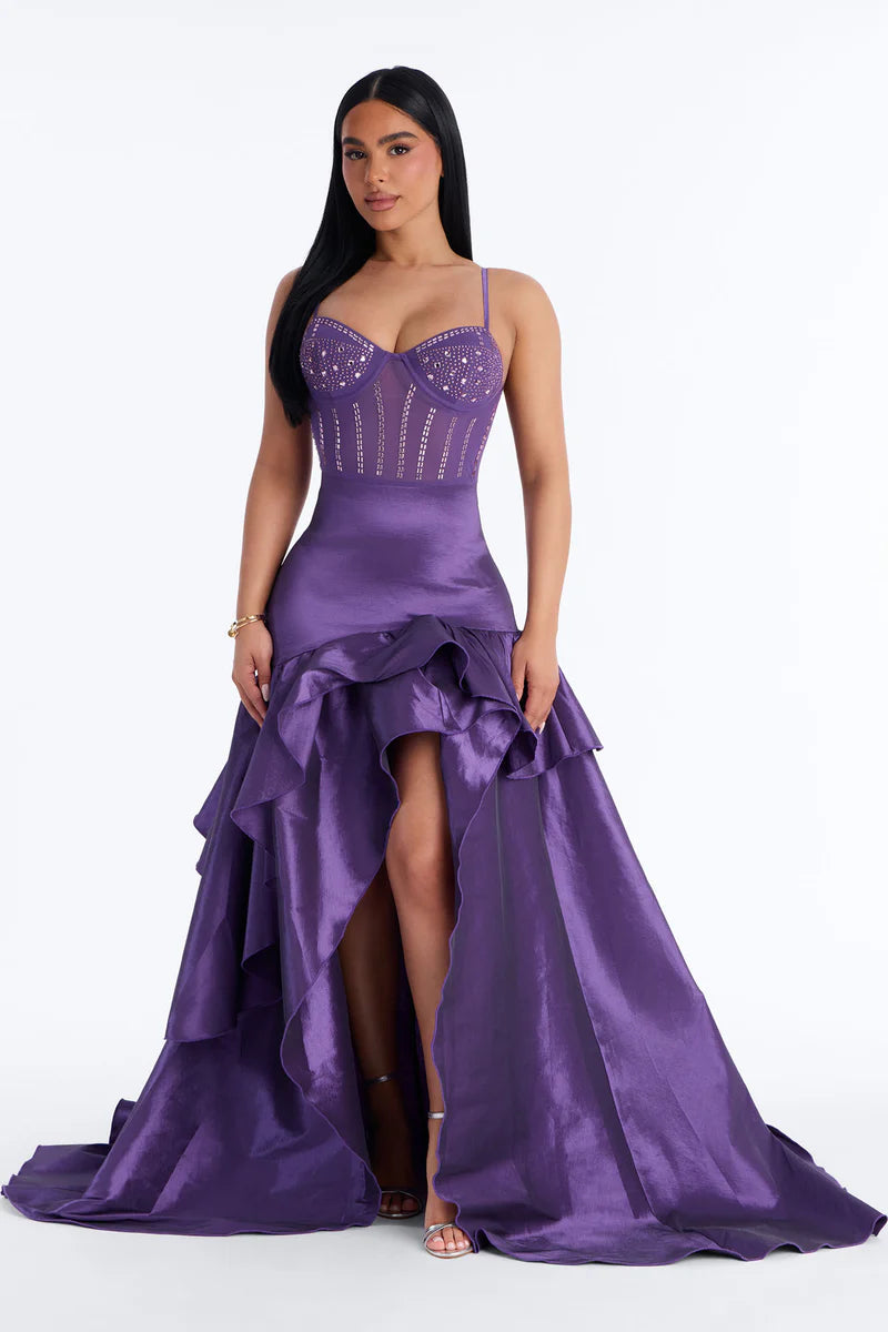 Vestido de Noche de Fiesta de Satén con Abertura Alta y Volantes Largos de Sirena Brillante con Escote Corazón