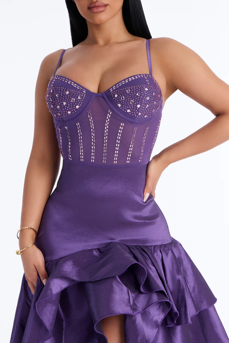 Vestido de Noche de Fiesta de Satén con Abertura Alta y Volantes Largos de Sirena Brillante con Escote Corazón
