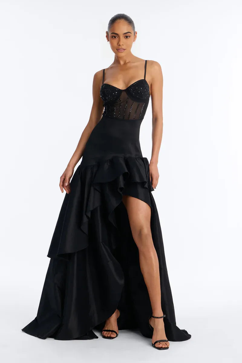 Vestido de Noche de Fiesta de Satén con Abertura Alta y Volantes Largos de Sirena Brillante con Escote Corazón