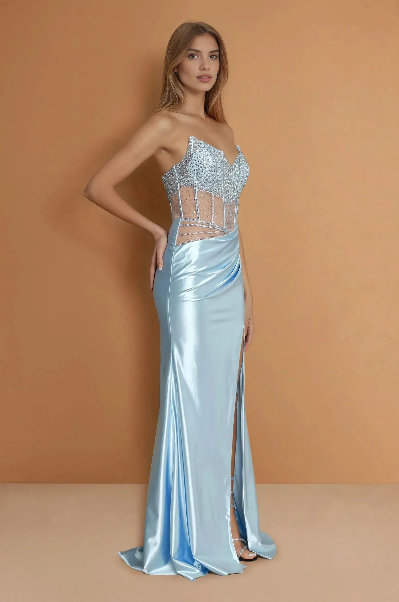 Vestido Largo de Fiesta Sirena Brillante sin Tirantes Corsé con Abertura Alta