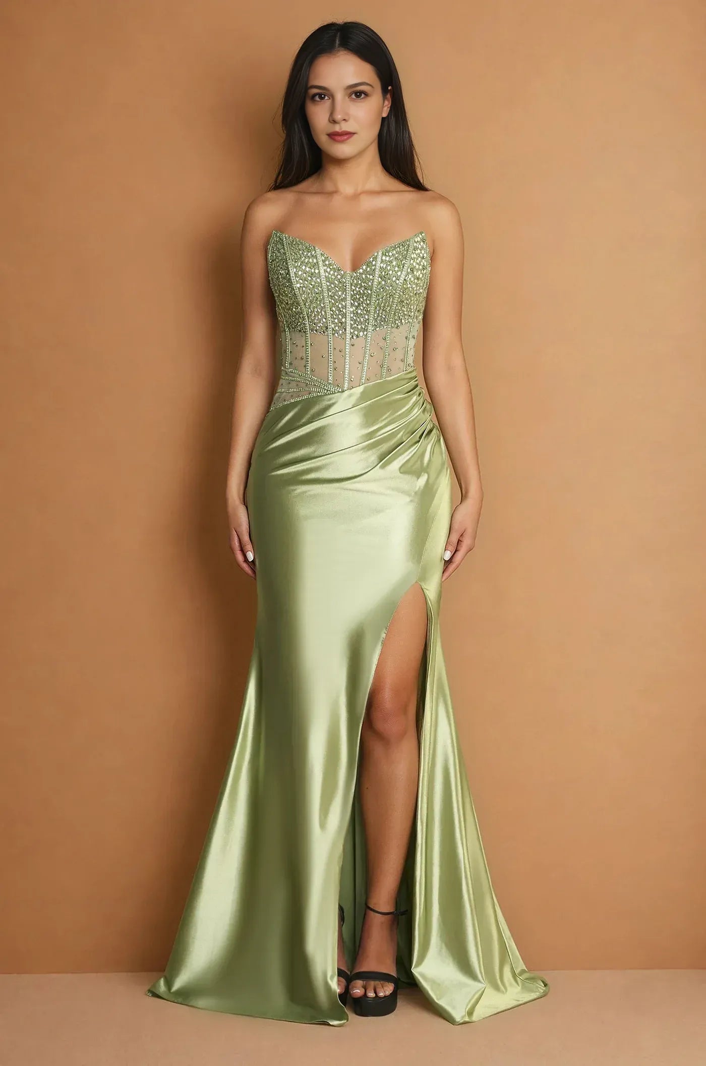 Vestido Largo de Fiesta Sirena Brillante sin Tirantes Corsé con Abertura Alta