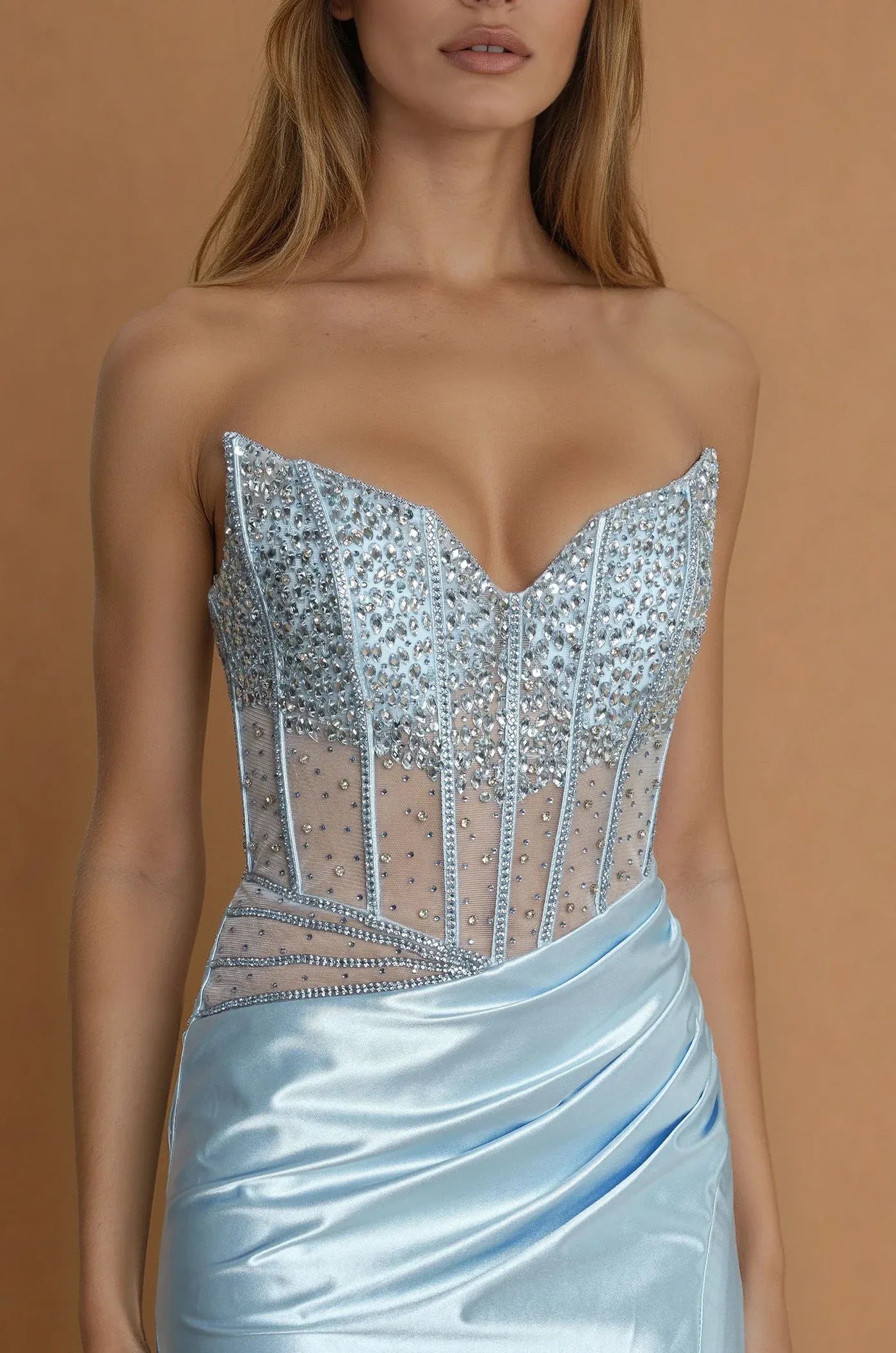 Vestido Largo de Fiesta Sirena Brillante sin Tirantes Corsé con Abertura Alta
