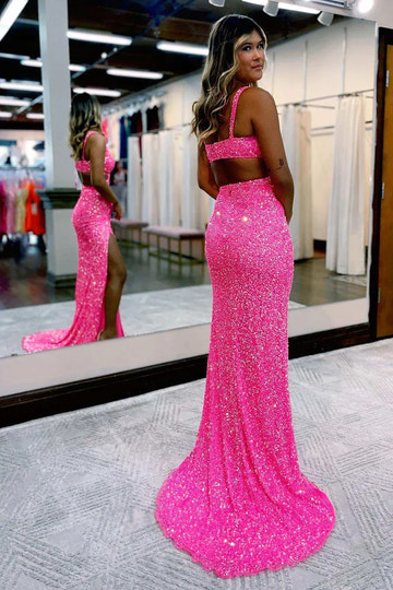 Vestido de gala de sirena con lentejuelas rosa fucsia brillantes, escote en V profundo y tirantes finos sin espalda