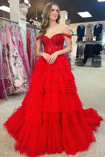 Vestido de Fiesta Largo con Hombros Descubiertos de Encaje Brillante