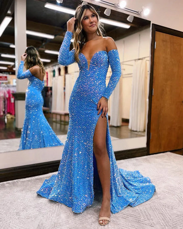 Sparkling Sequin Mermaid Sweetheart Off-the-Shoulder Long Sleeve High Slit Formal Evening Gown