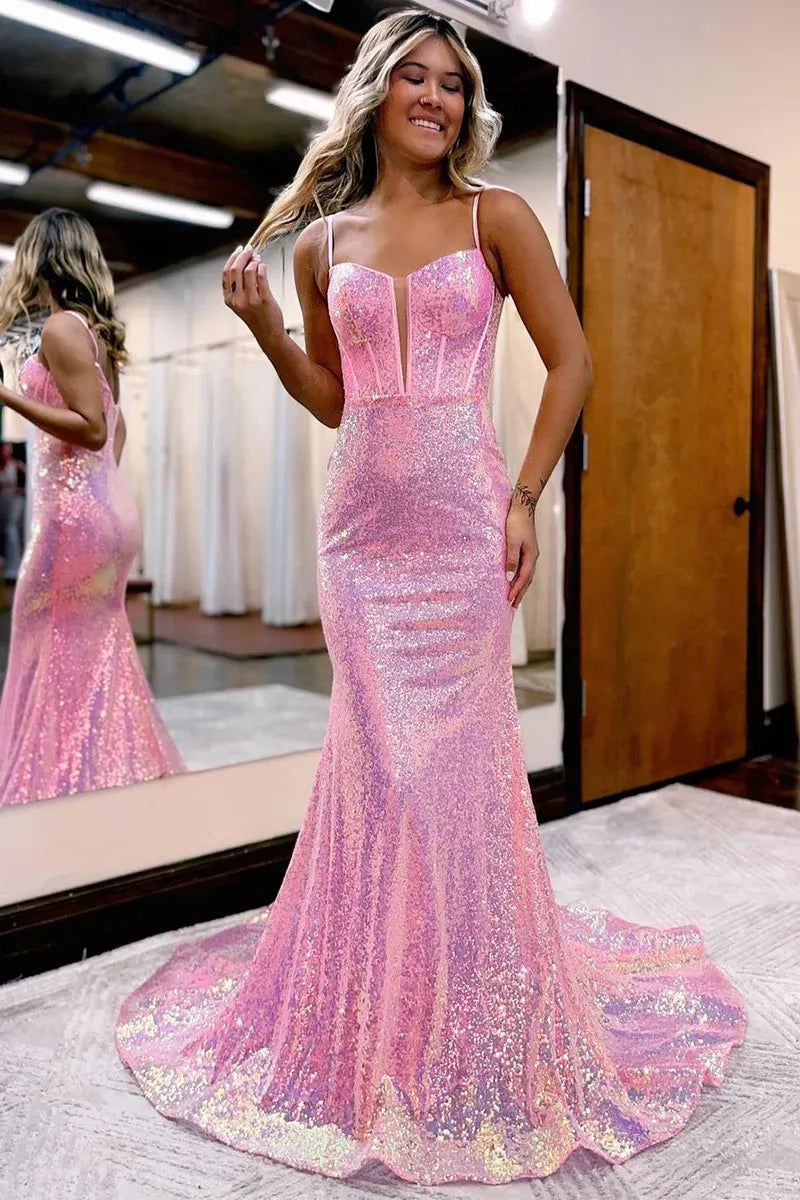 Sparkling Sequin Mermaid Sweetheart Spaghetti Strap Corset Bodice Floor-Length Evening Gown
