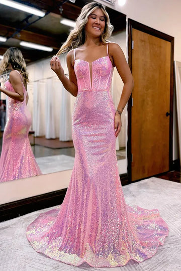 Sparkling Sequin Mermaid Sweetheart Spaghetti Strap Corset Bodice Floor-Length Evening Dress