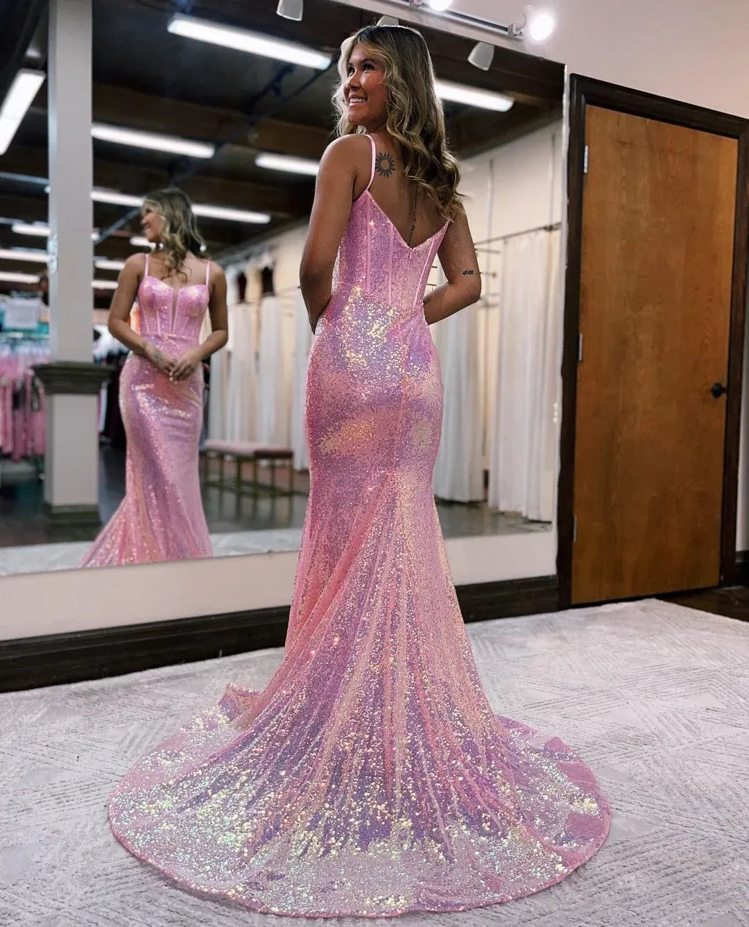 Sparkling Sequin Mermaid Sweetheart Spaghetti Strap Corset Bodice Floor-Length Evening Gown