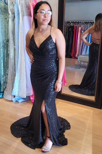 Vestido de fiesta largo de sirena con lentejuelas brillantes, escote en V, sin mangas y con cordones