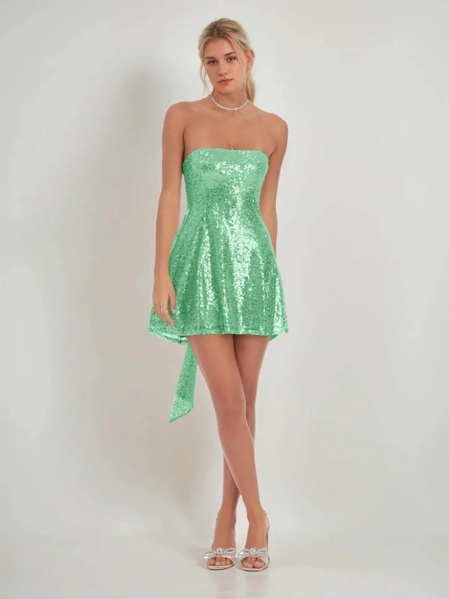 Sparkly A-Line Strapless Sleeveless Sequin Bow-Tie Back Homecoming Dress