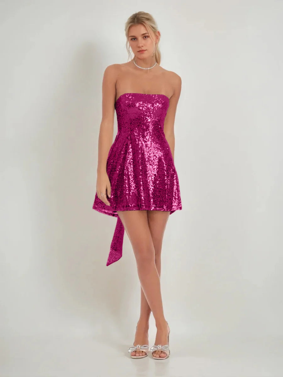 Sparkly A-Line Strapless Sleeveless Sequin Bow-Tie Back Homecoming Dress