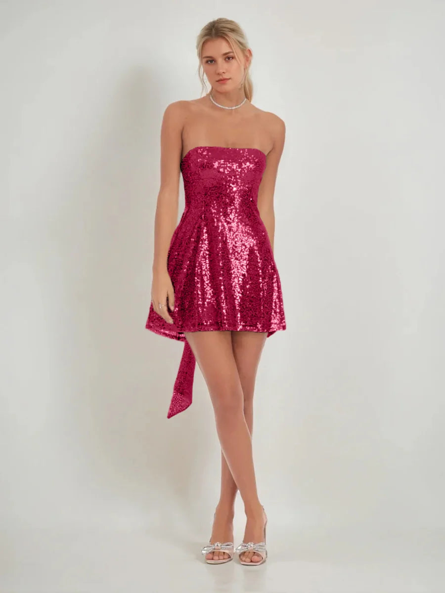 Sparkly A-Line Strapless Sleeveless Sequin Bow-Tie Back Homecoming Dress