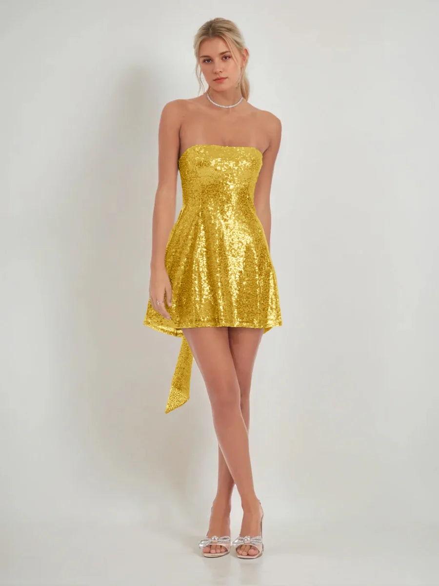 Sparkly A-Line Strapless Sleeveless Sequin Bow-Tie Back Homecoming Dress