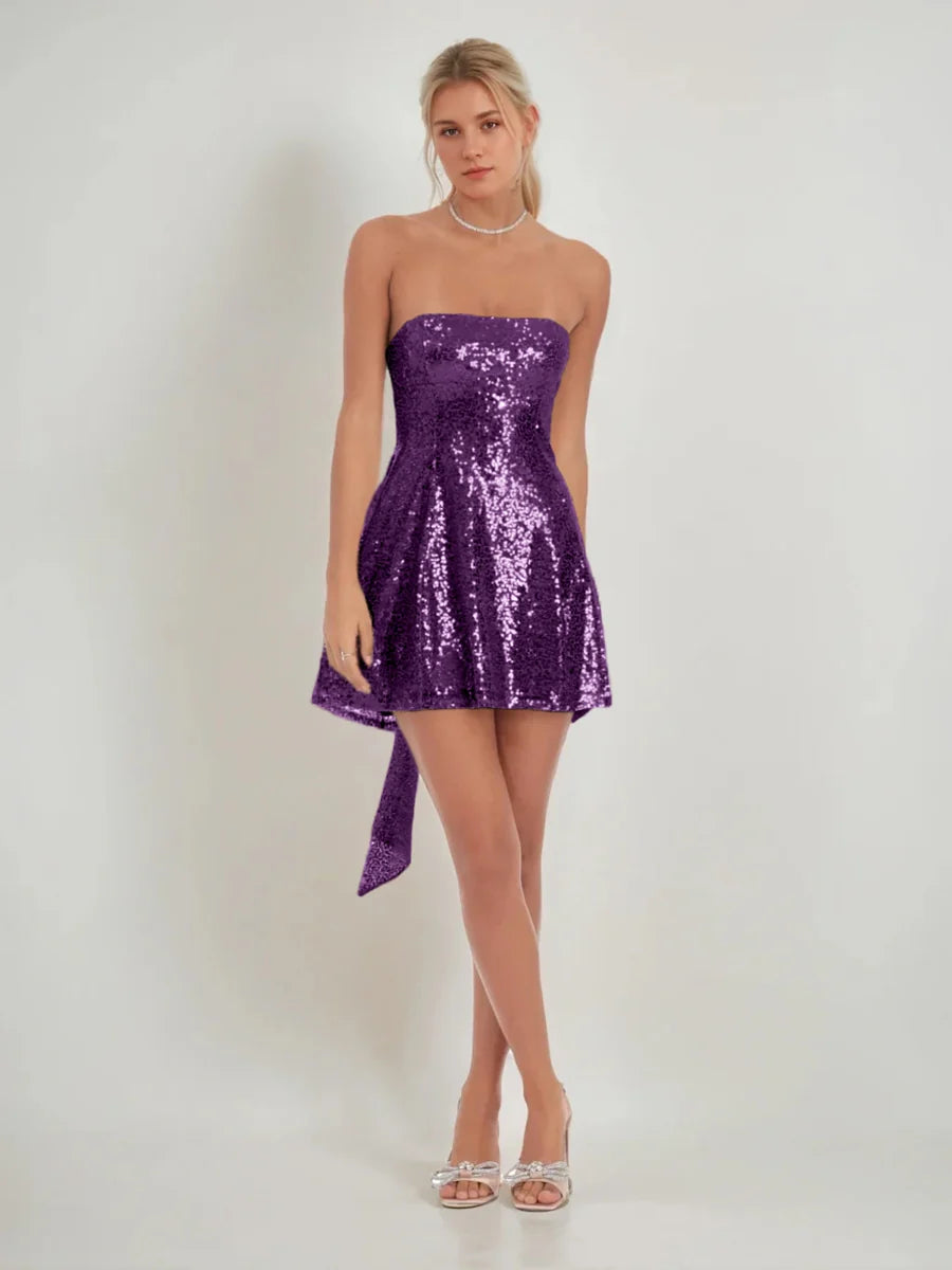 Sparkly A-Line Strapless Sleeveless Sequin Bow-Tie Back Homecoming Dress