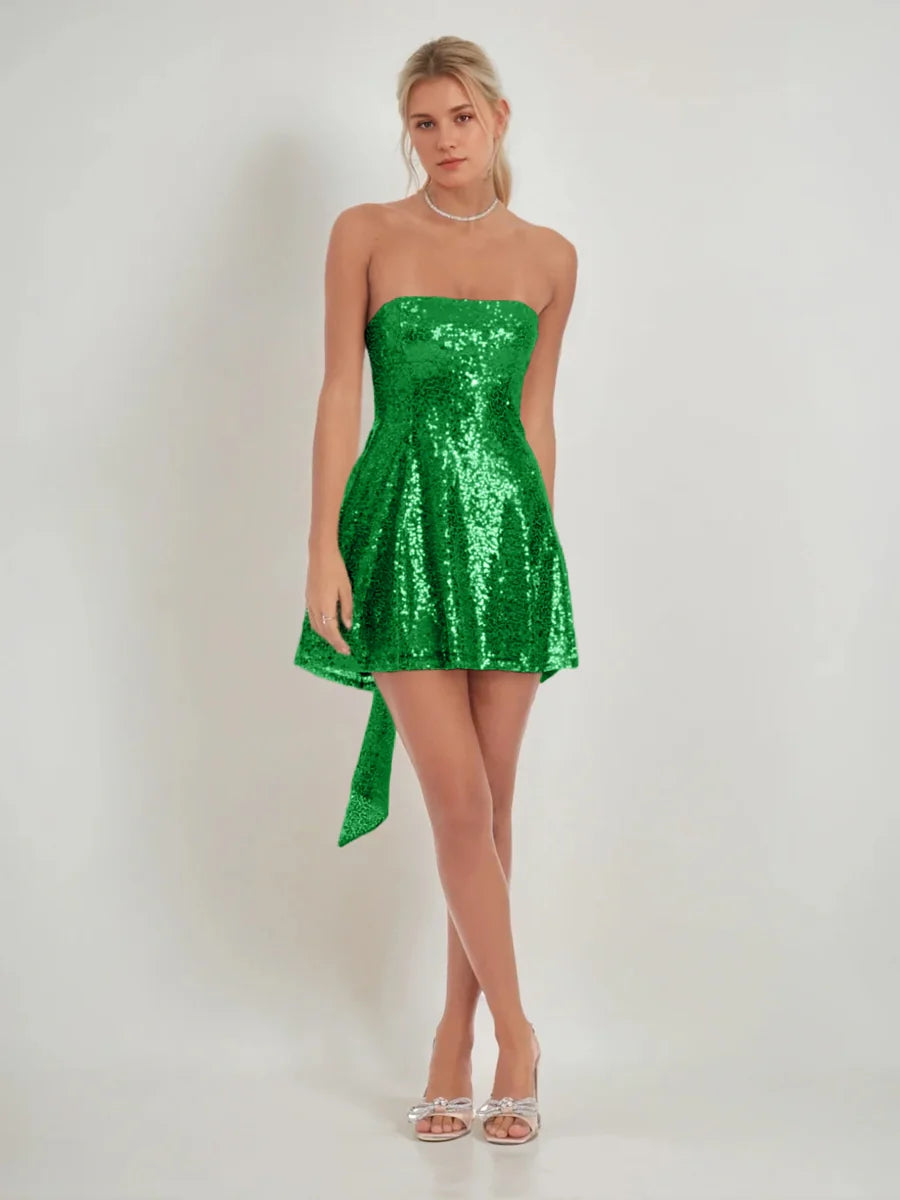 Sparkly A-Line Strapless Sleeveless Sequin Bow-Tie Back Homecoming Dress
