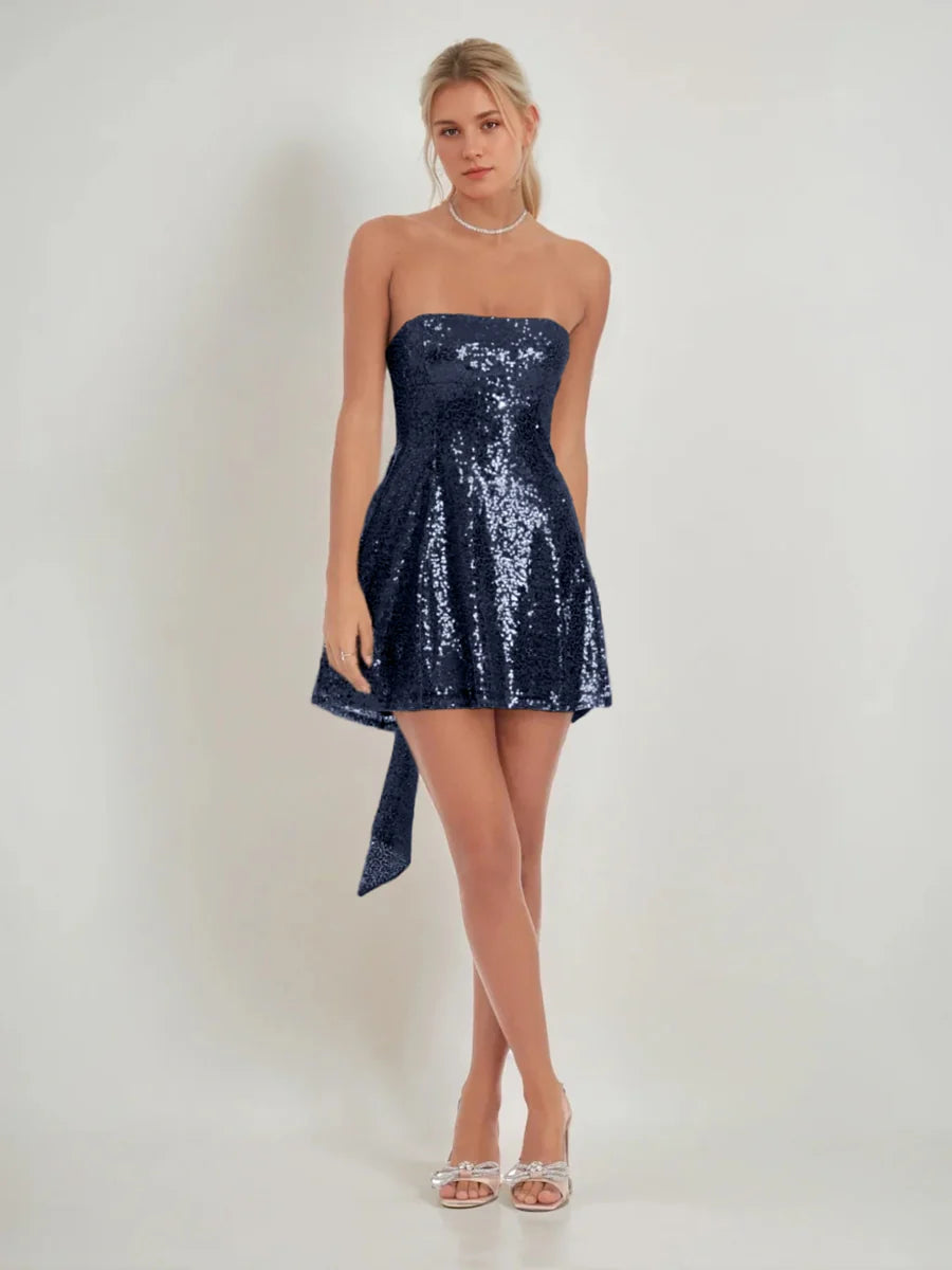 Sparkly A-Line Strapless Sleeveless Sequin Bow-Tie Back Homecoming Dress
