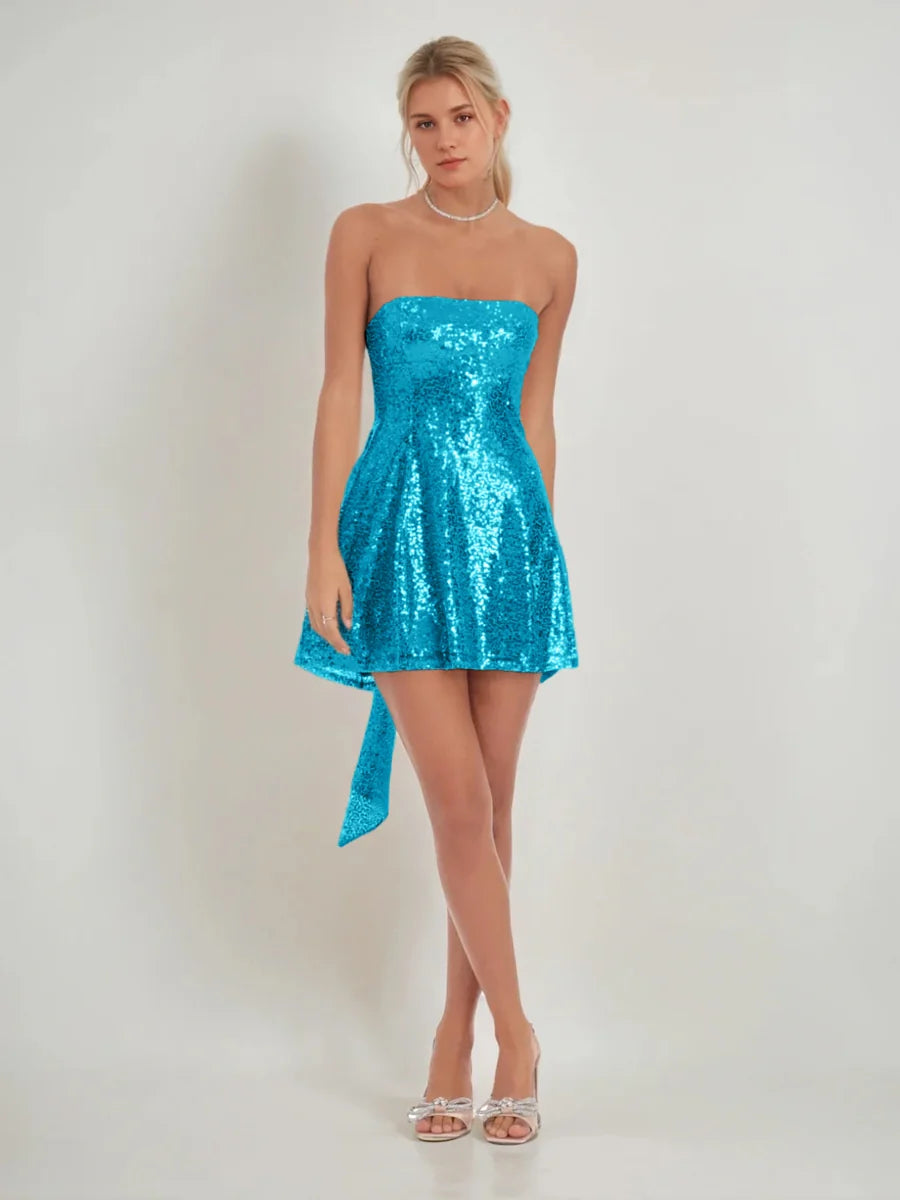 Sparkly A-Line Strapless Sleeveless Sequin Bow-Tie Back Homecoming Dress