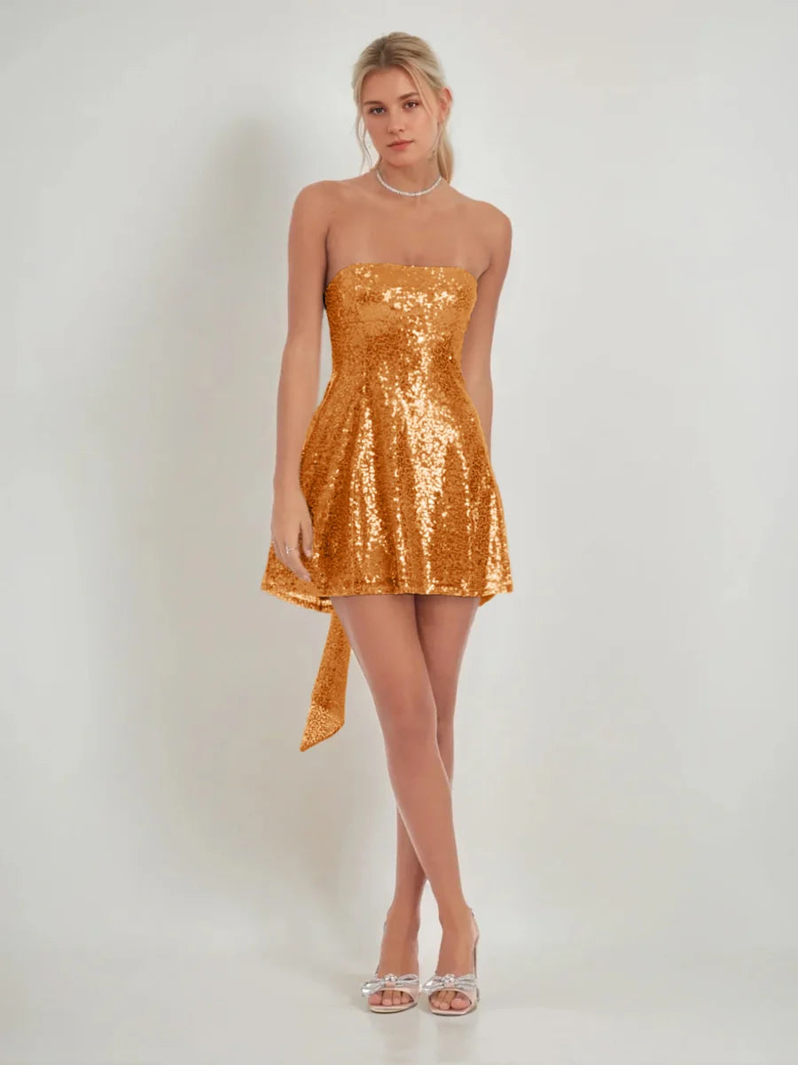 Sparkly A-Line Strapless Sleeveless Sequin Bow-Tie Back Homecoming Dress