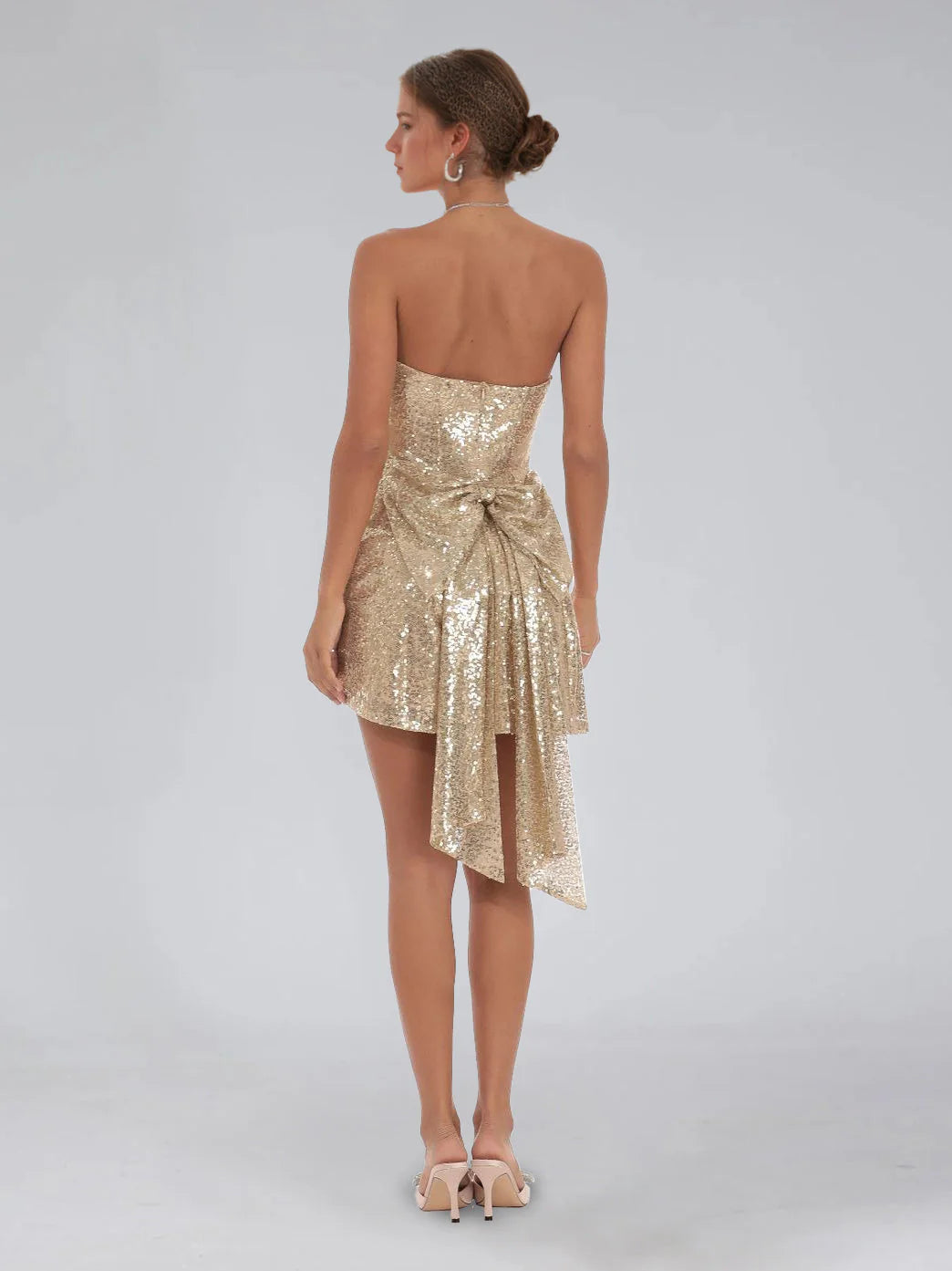 Sparkly A-Line Strapless Sleeveless Sequin Bow-Tie Back Homecoming Dress