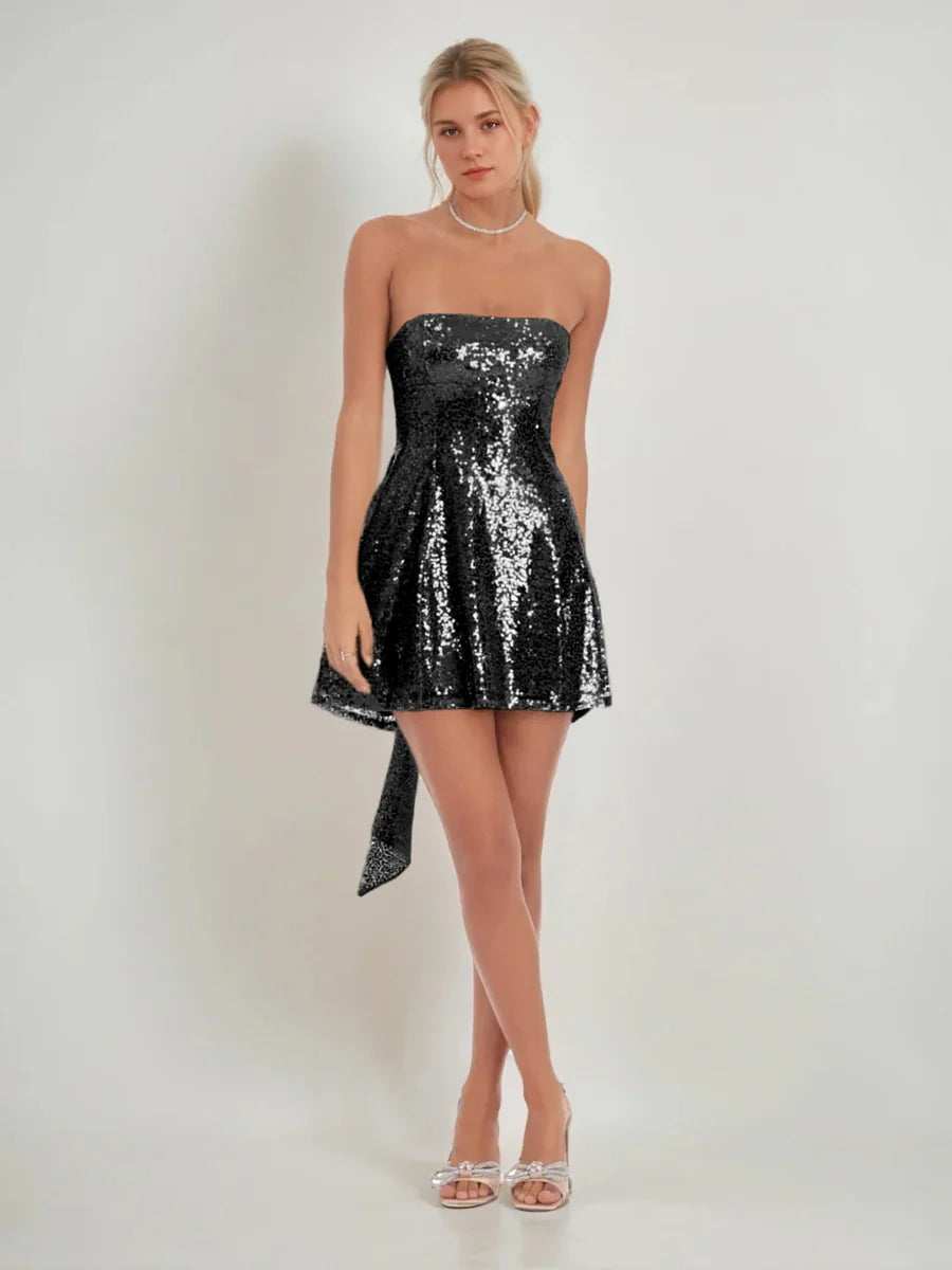 Sparkly A-Line Strapless Sleeveless Sequin Bow-Tie Back Homecoming Dress