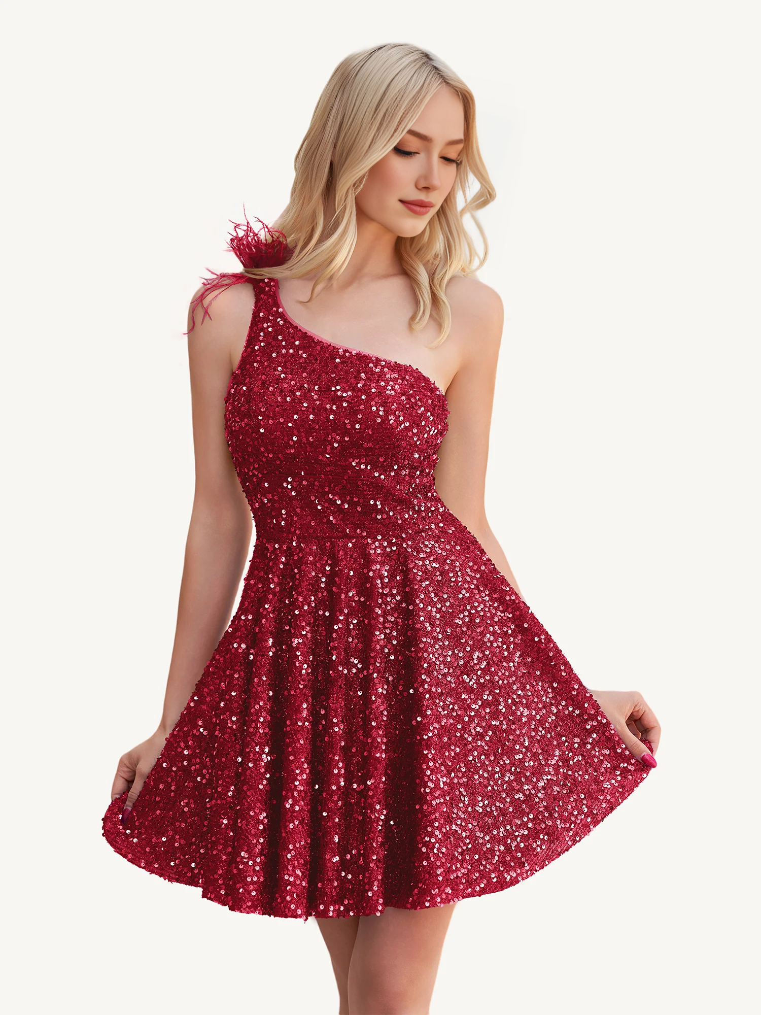 Sparkly A-line One Shoulder Sequin Mini Feather Homecoming Dress