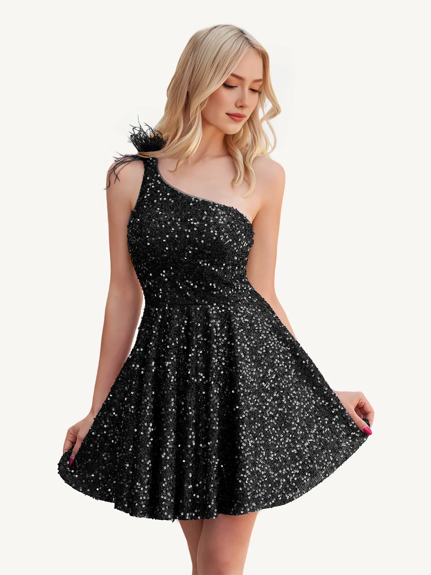 Sparkly A-line One Shoulder Sequin Mini Feather Homecoming Dress