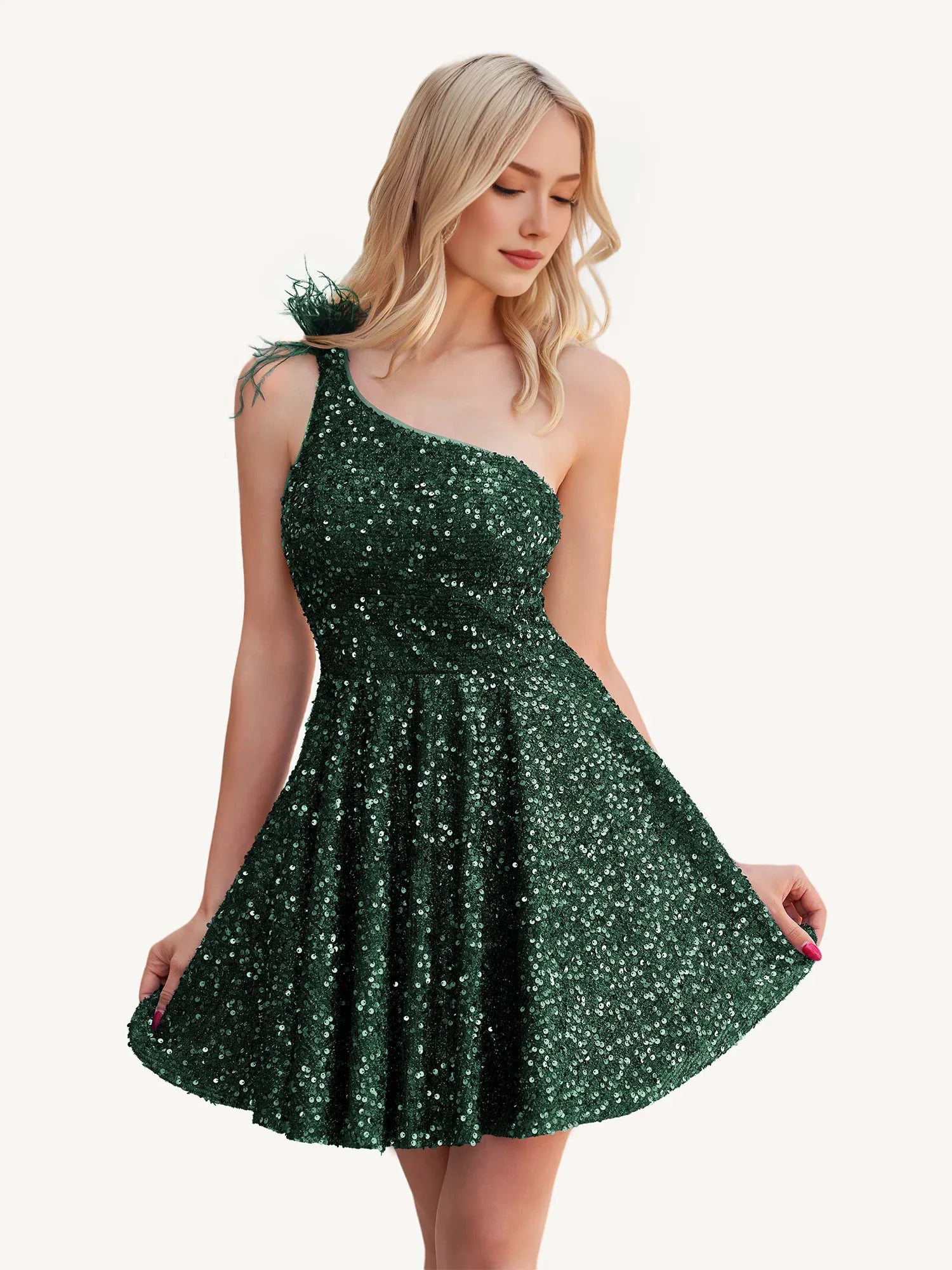 Sparkly A-line One Shoulder Sequin Mini Feather Homecoming Dress